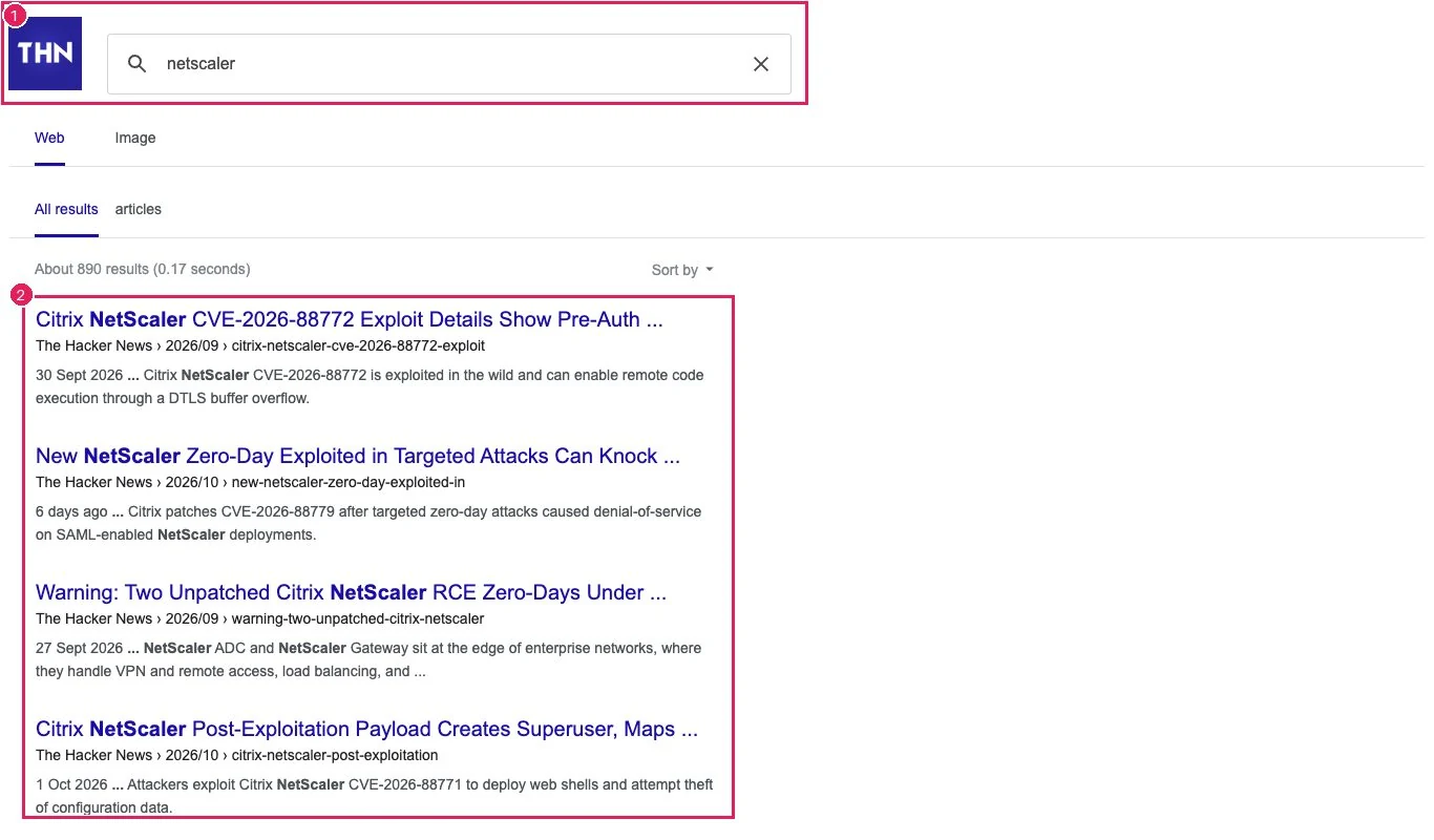 What a search for netscaler opens at 1366 px: (1) a Google Programmable Search page with only a small THN logo, (2) results sorted by relevance