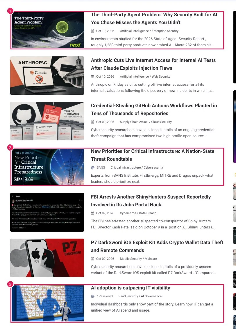 The homepage feed with three items marked: a vendor's contributed piece dated like news, and two paid placements with the sponsor's name where the date usually is