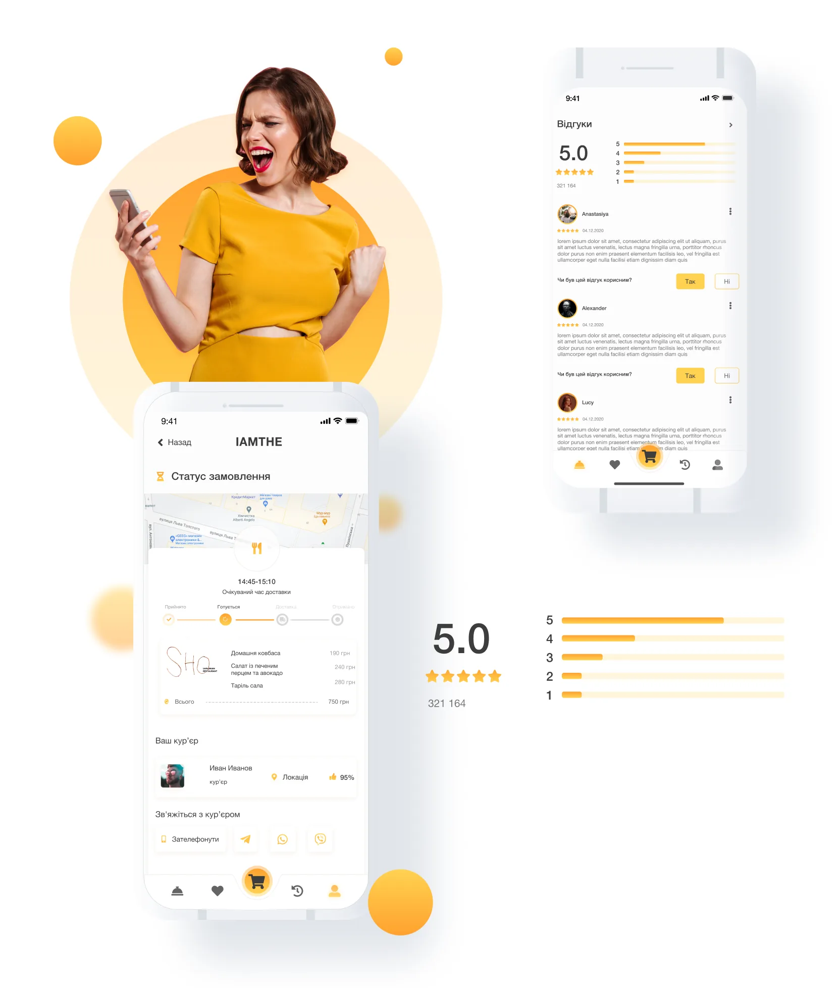 Order tracking and reviews: an order status screen with a map, a 14:45 to 15:10 delivery window, progress steps, a courier card with a 95% rating and contact buttons; a reviews screen with a 5.0 average, star distribution and helpful buttons