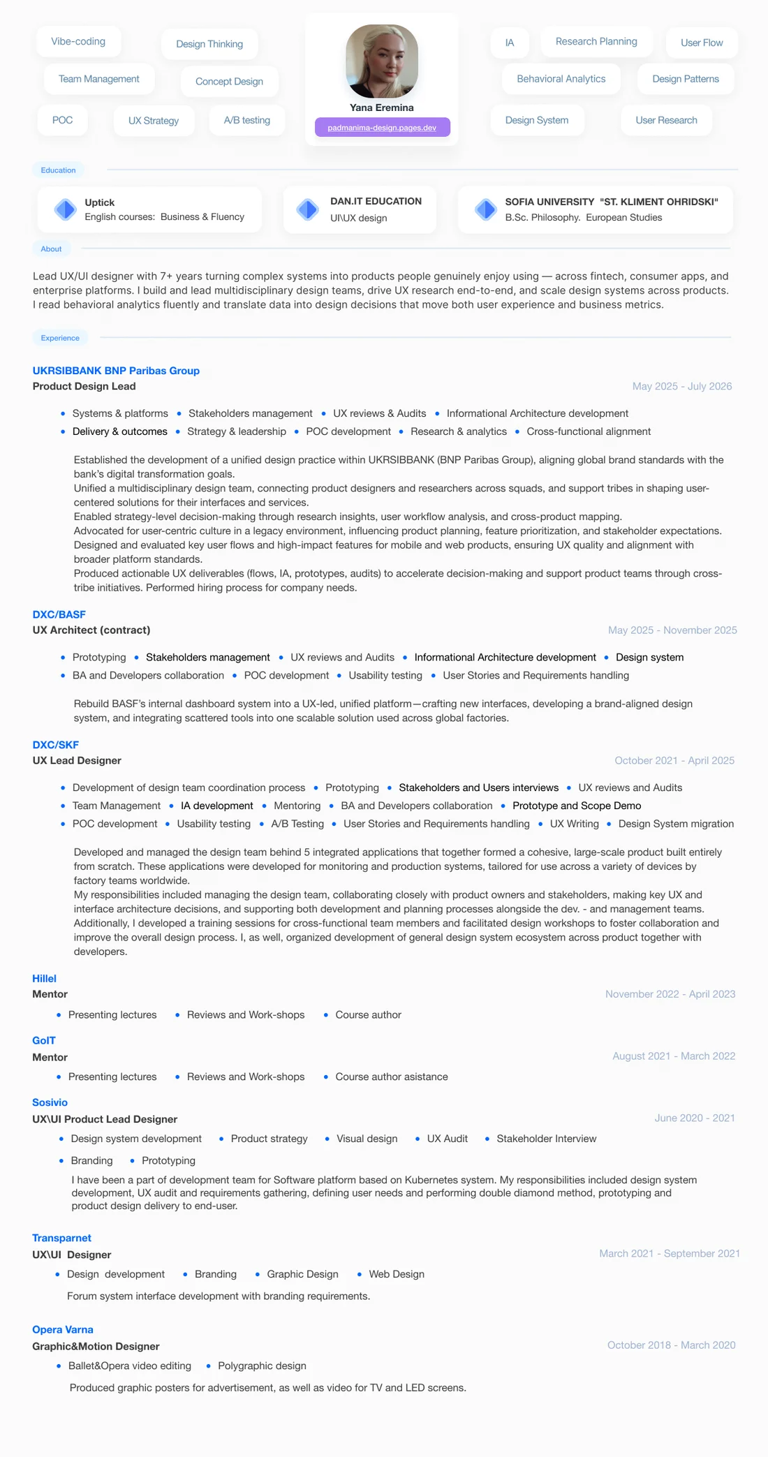 The original CV: one long page with skill tags around a photo at the top, education cards, and experience below