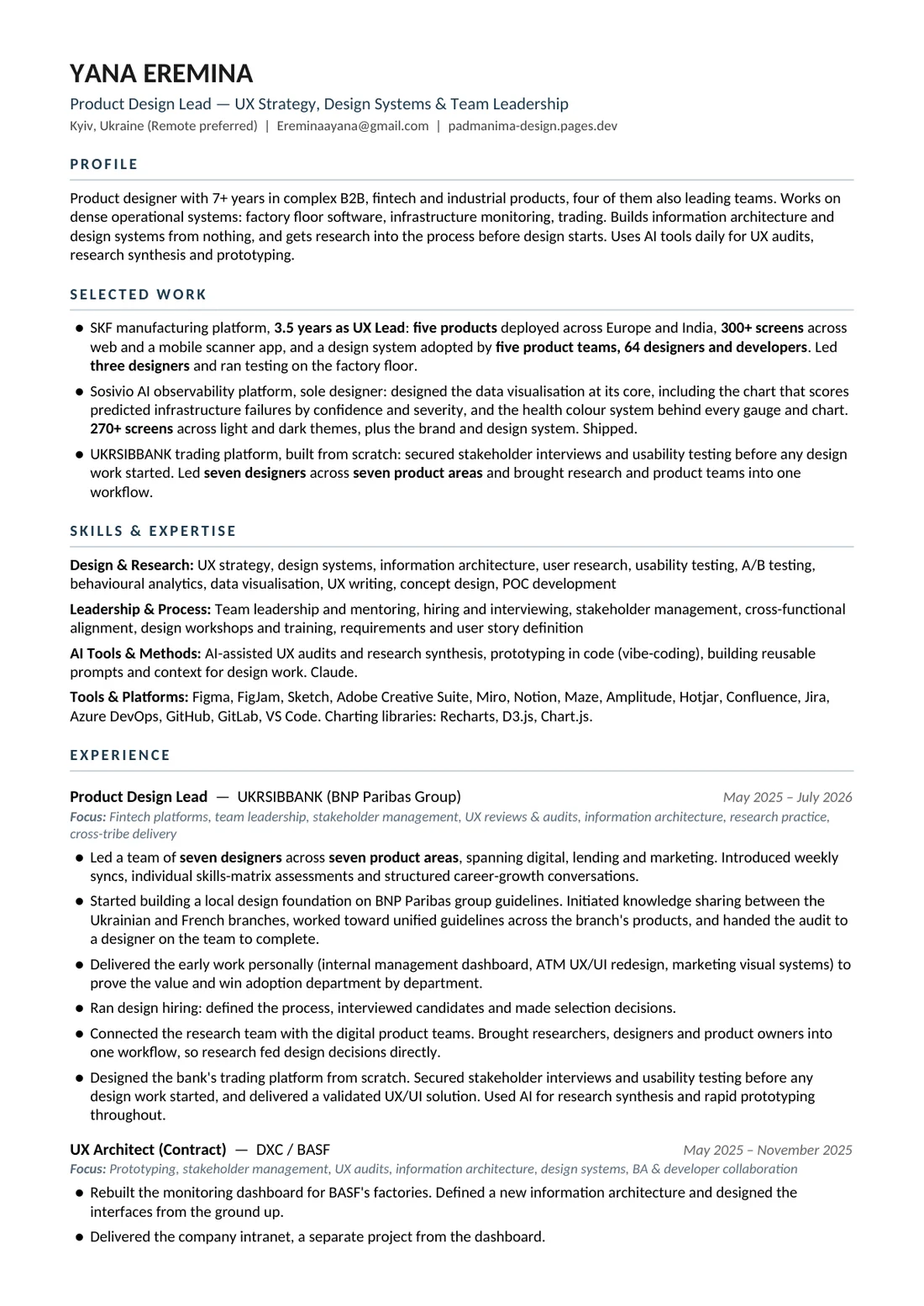 The rebuilt CV, page one: name, title and contact line at the top, then profile, selected work and skills