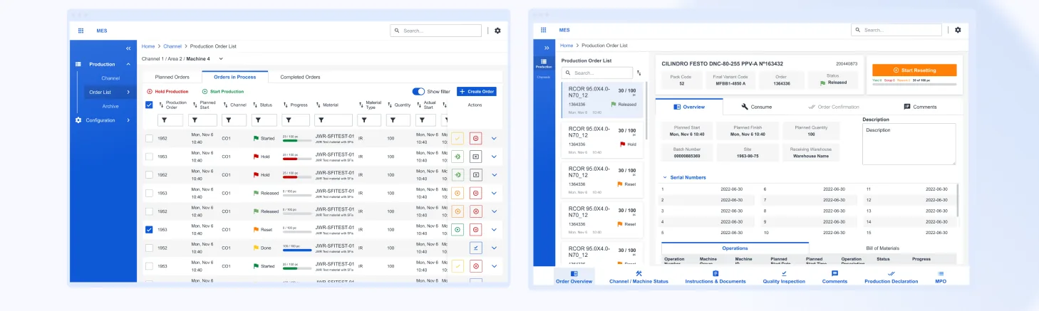 Production control: a production order list with tabs for planned, in-process and completed orders, status flags, progress bars and row actions, next to an order detail view with a Start Resetting button and a bottom bar of tasks
