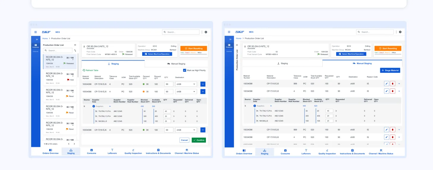 Material staging: a production order list on the left, staging and manual staging tabs, a table of materials with demand, available stock and requested quantities, an expanded row allocating stock across suppliers, and a Mark as High Priority checkbox