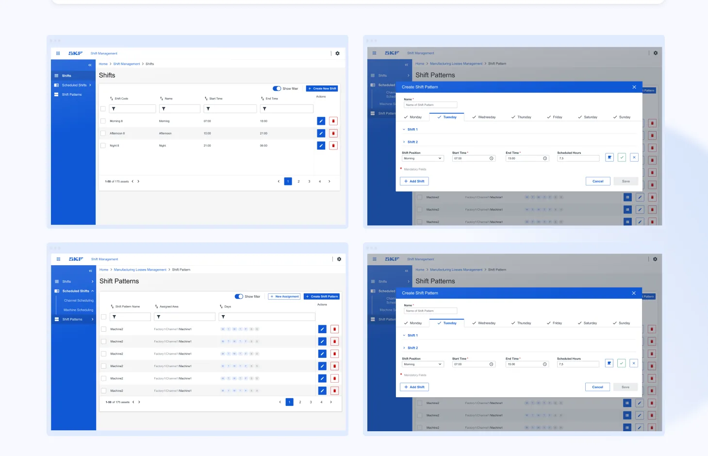 Shift management in four screens: a shifts list, a Create Shift Pattern dialog with weekday tabs, shift times and scheduled hours, and a list of shift patterns assigned to machines