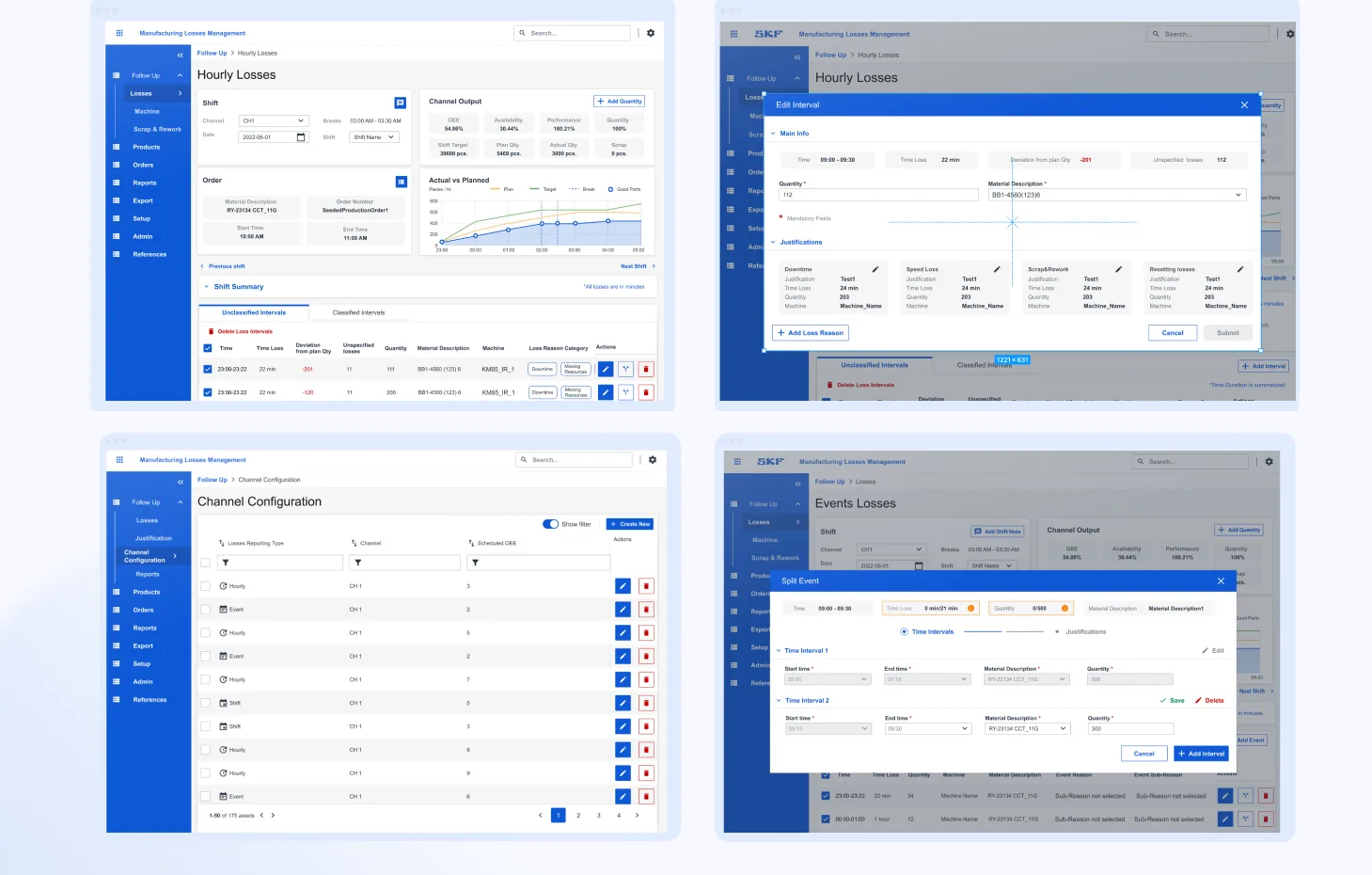 Manufacturing losses in four screens: hourly losses with OEE, availability, performance and quality, an actual versus planned chart and a table of unclassified intervals, an Edit Interval dialog with justifications, a channel configuration list, and a Split Event dialog