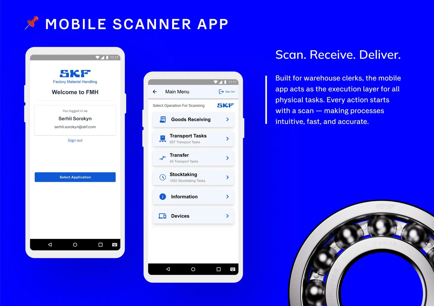 FMH mobile scanner app: a welcome screen with the signed-in clerk and a Select Application button, and a main menu with Goods Receiving, Transport Tasks (657), Transfer (45), Stocktaking (1002), Information and Devices