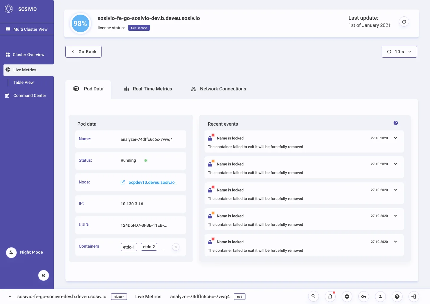 Pod detail, Pod data tab: name, status running, node, IP, UUID and containers, next to a list of recent events