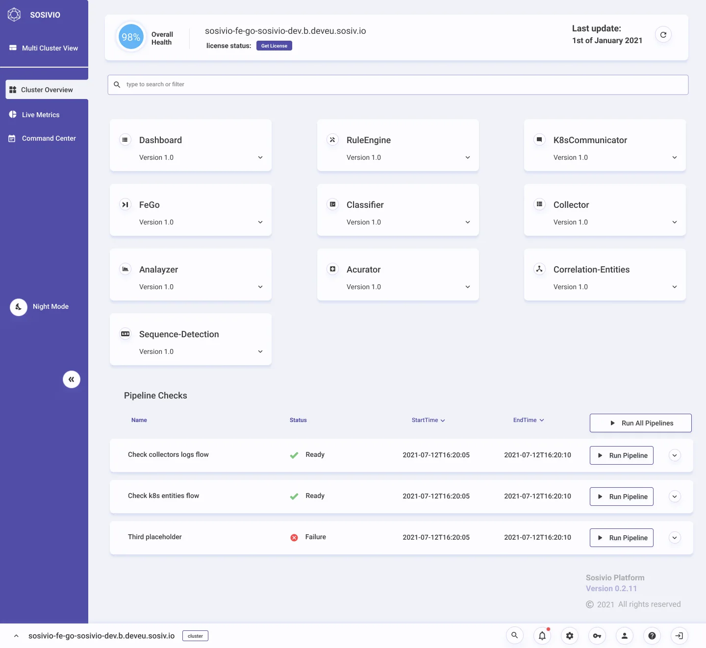 System version: cards for each Sosivio component with its version, and a pipeline checks table with Ready and Failure statuses and Run pipeline buttons