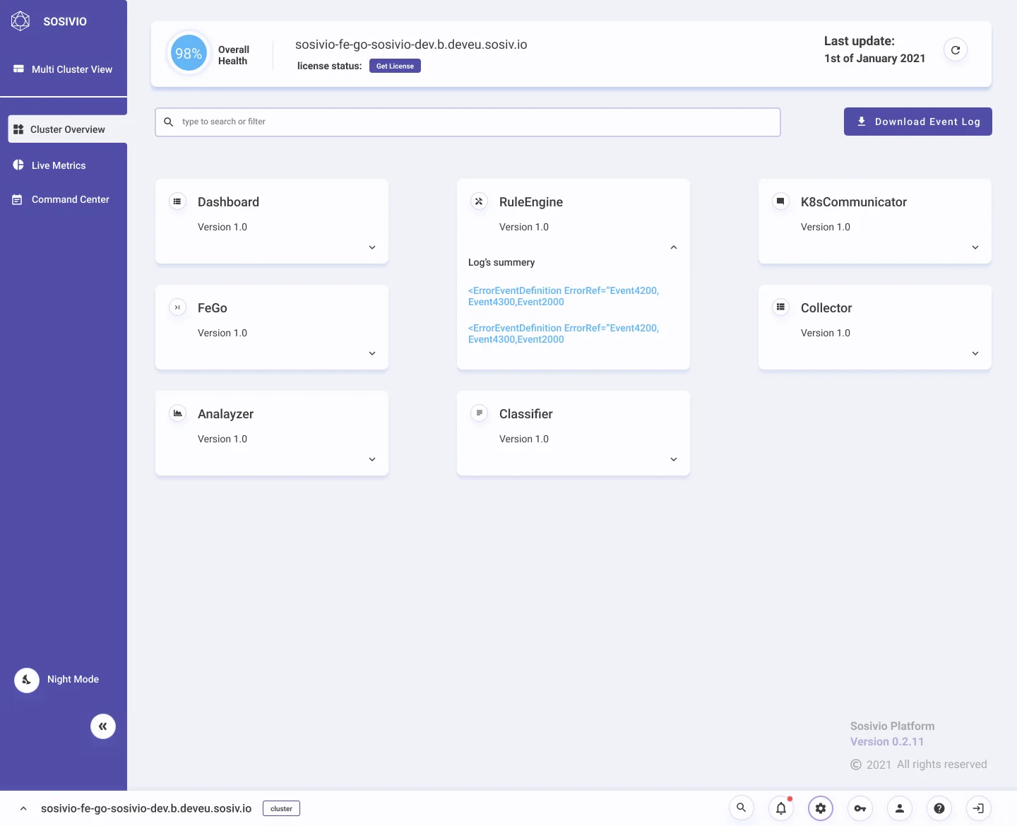 A component card expanded to show its logs summary