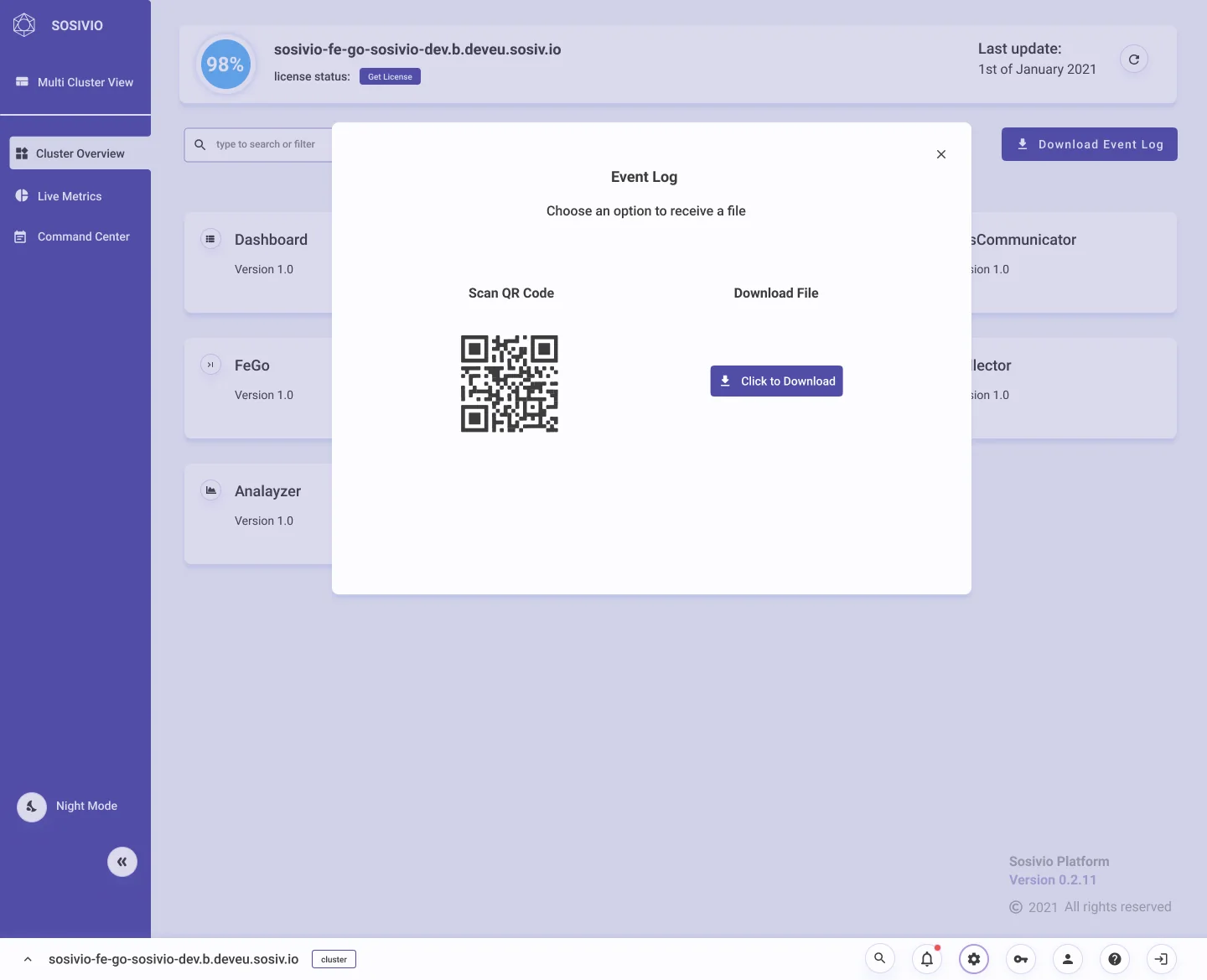 Event log dialog with two options: scan a QR code or download a file