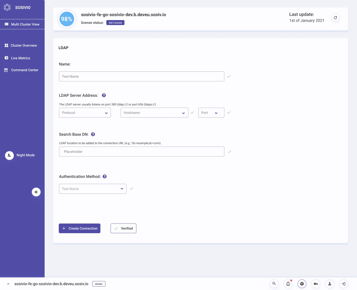 LDAP connection form with every field validated and the Verify configuration button showing Verified