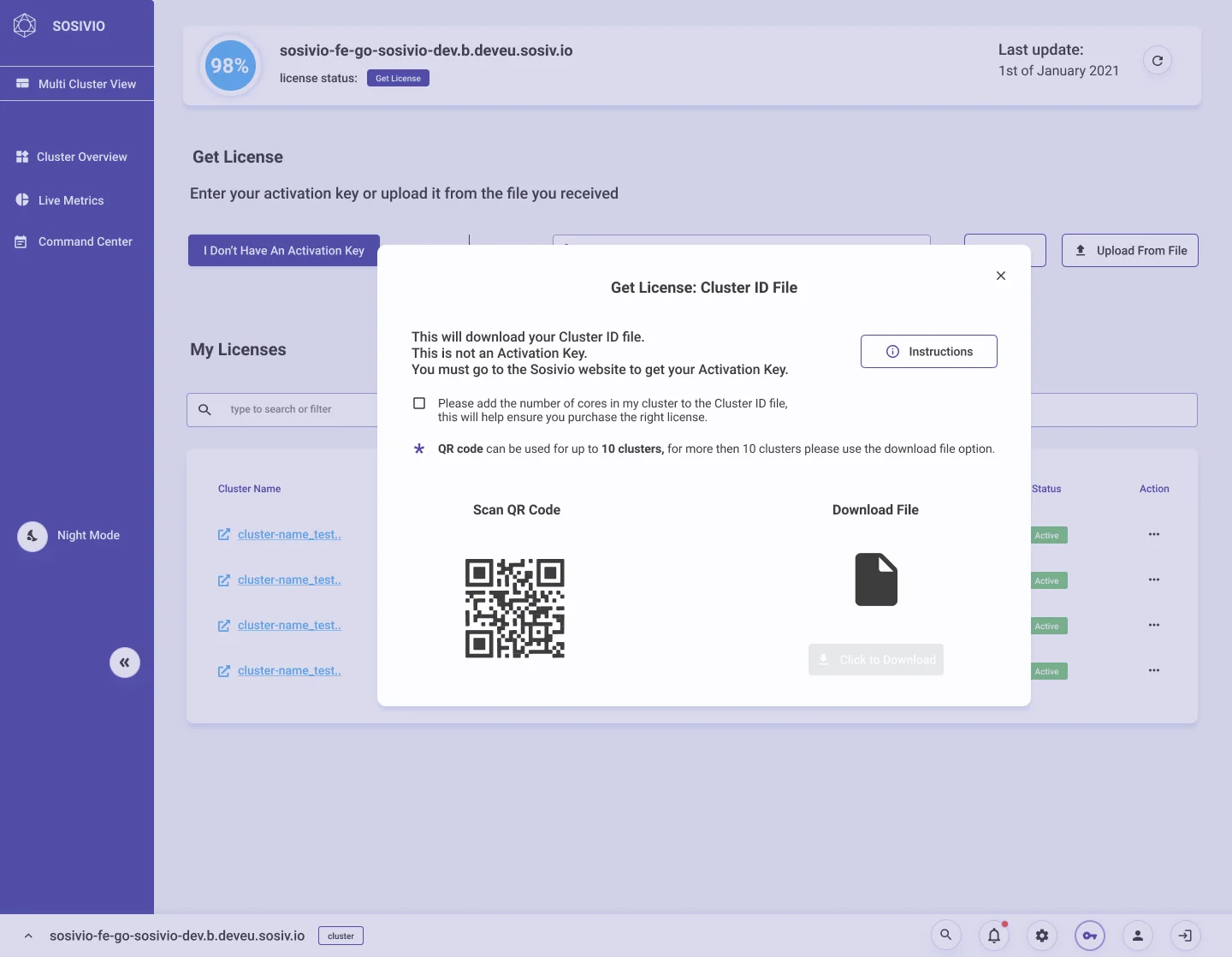 Get licence dialog: download the cluster ID file by QR code or as a file