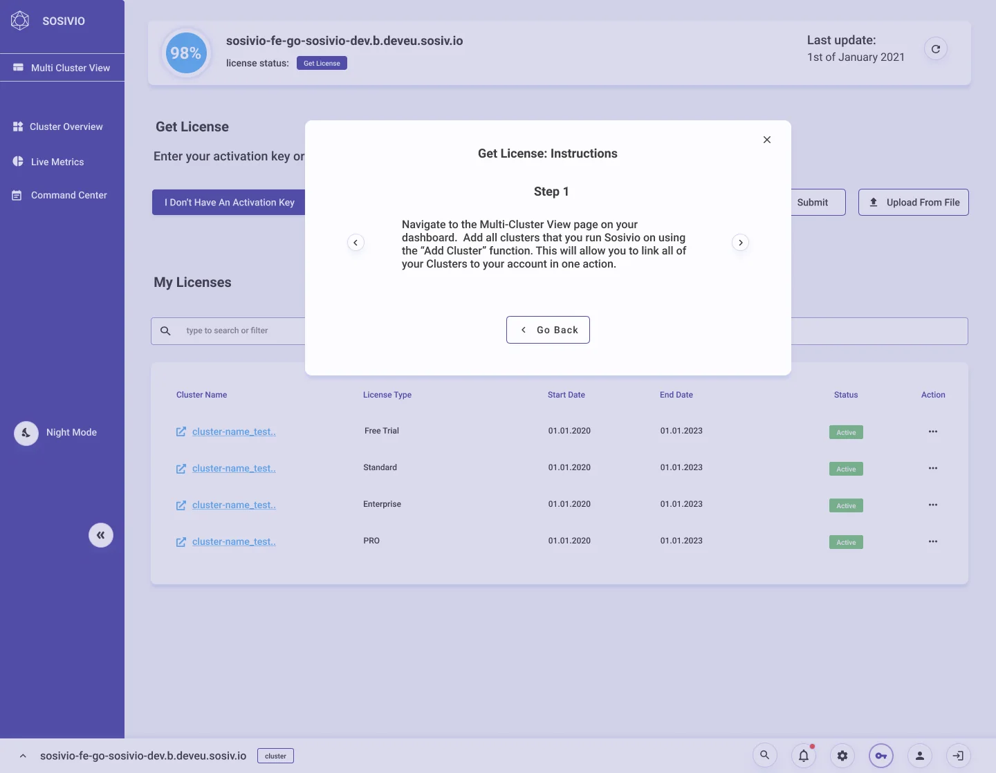 Get licence instructions dialog, step 1 of a guided flow