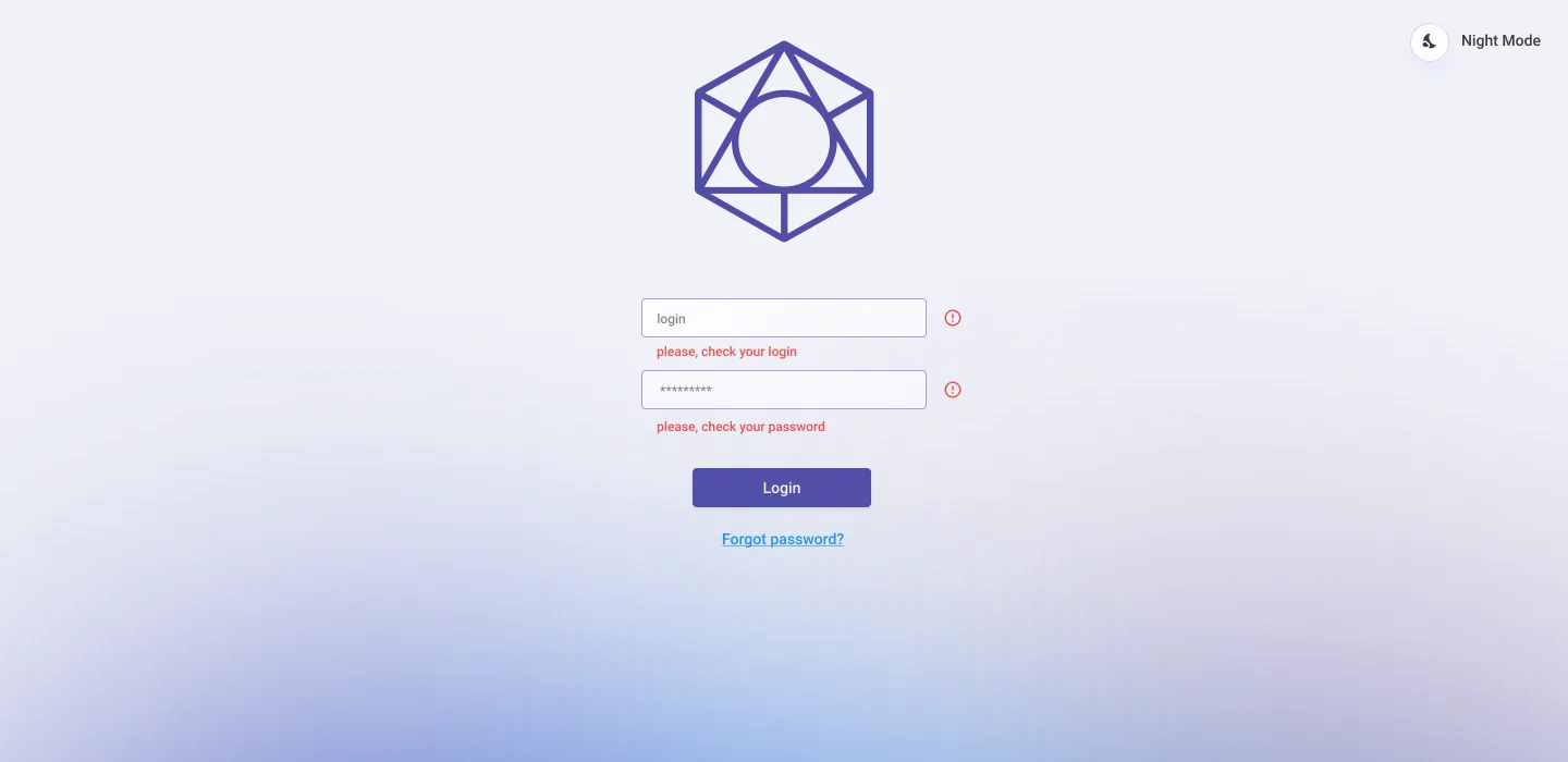 Login screen with error messages under the username and password fields
