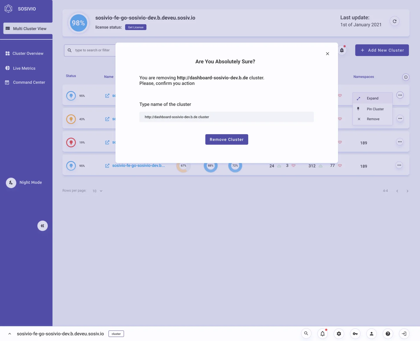 Remove cluster confirmation asking the user to type the cluster's name before removing it