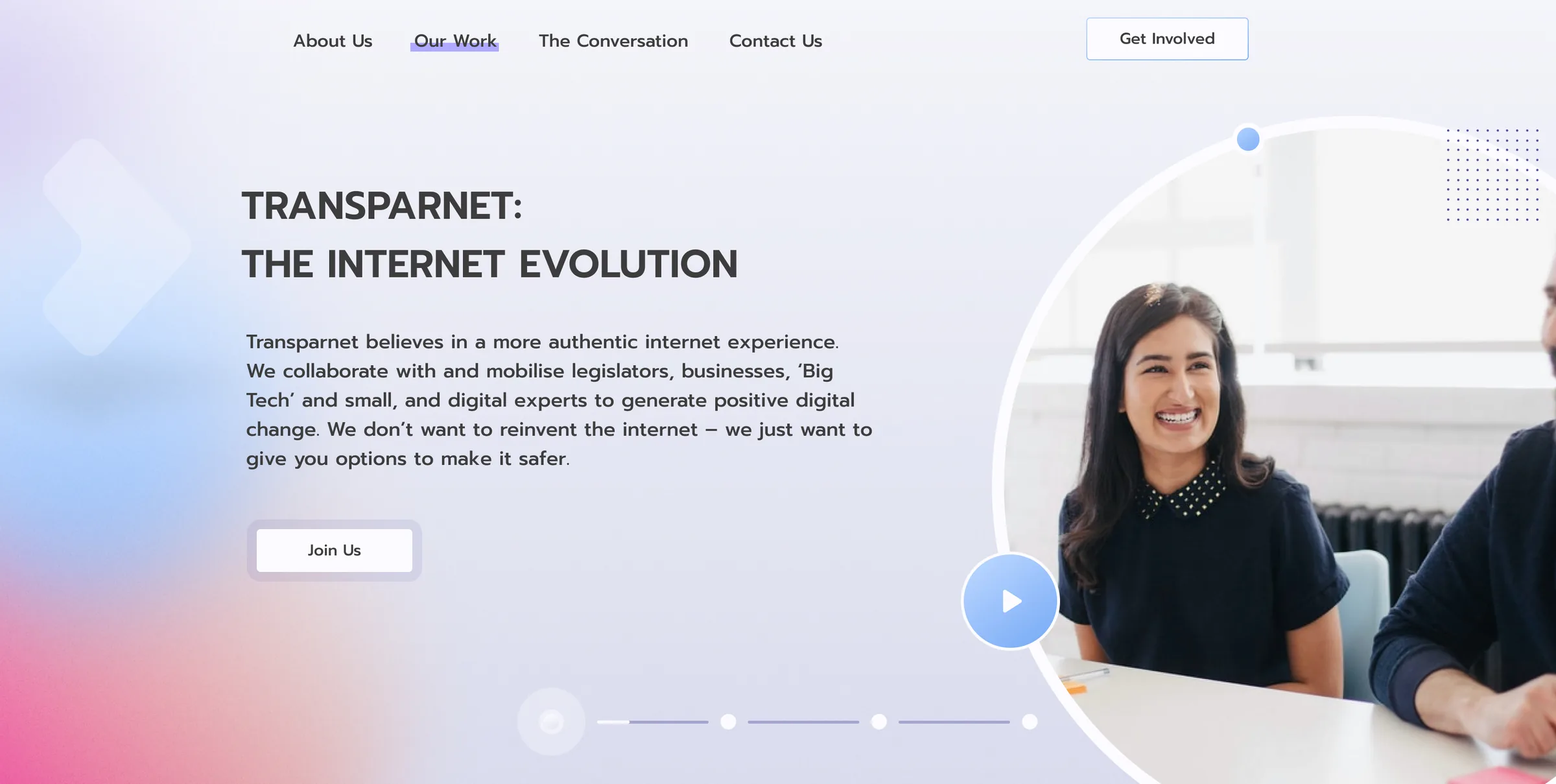 Transparnet landing page: the headline The Internet Evolution, a short mission statement, a Join Us button, sparse navigation with a Get Involved button, and a photo of smiling people