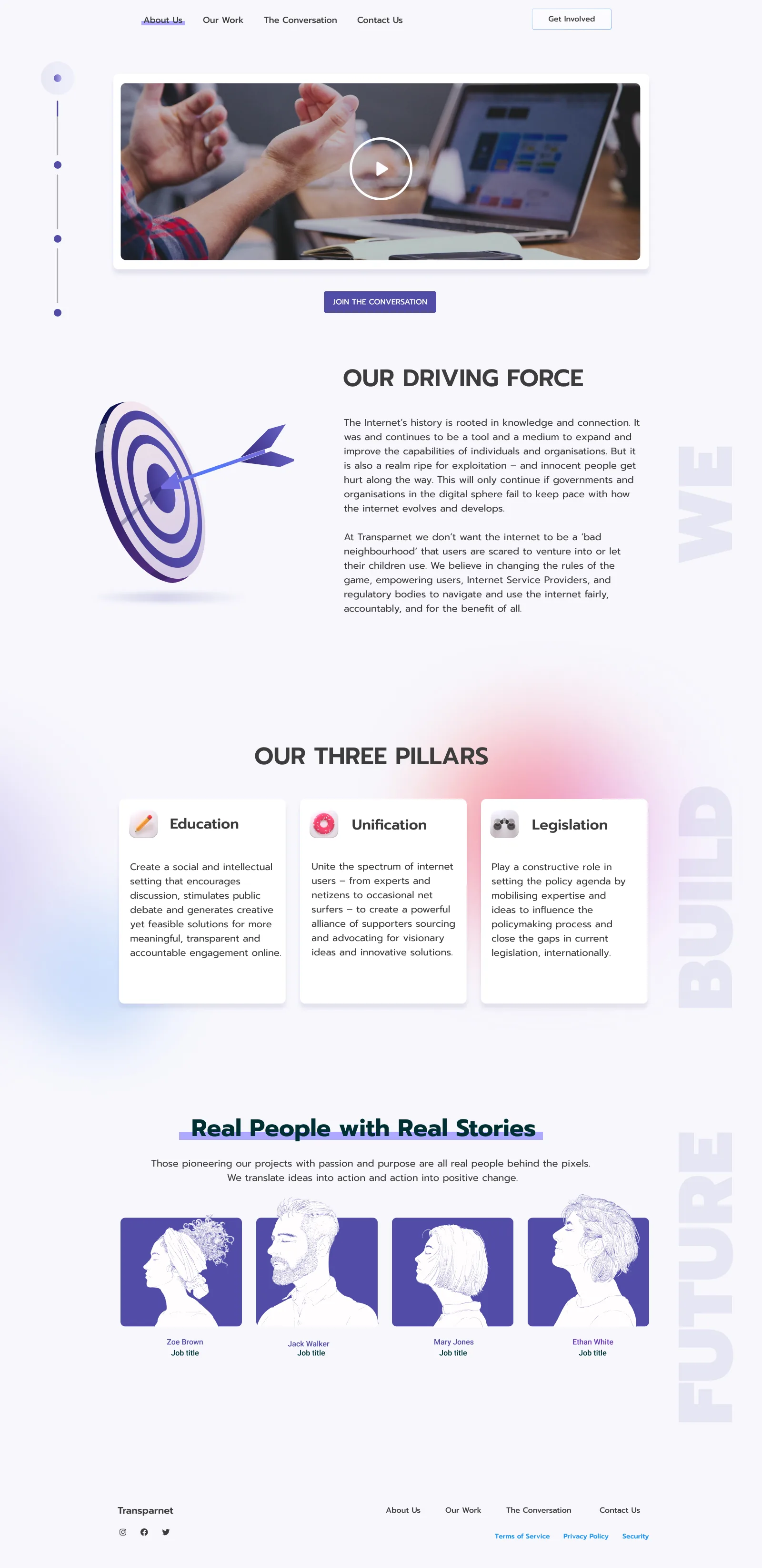 Transparnet About Us page: a We Build Future headline, a teal band with the driving force, three pillars and the team