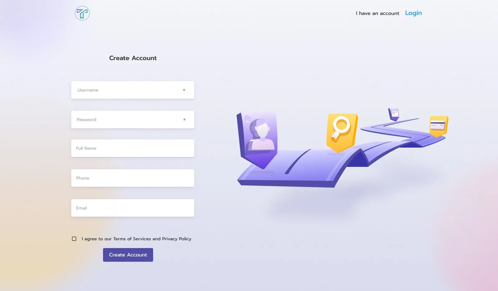 Transparnet create account screen with a 3D illustration
