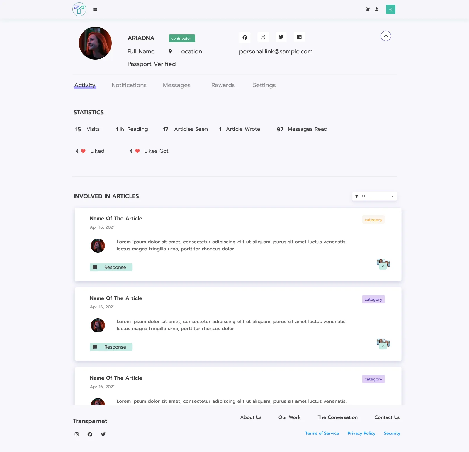 Transparnet profile for Ariadna: a contributor badge, passport verified, tabs for activity, notifications, messages, rewards and settings, statistics and the articles she was involved in