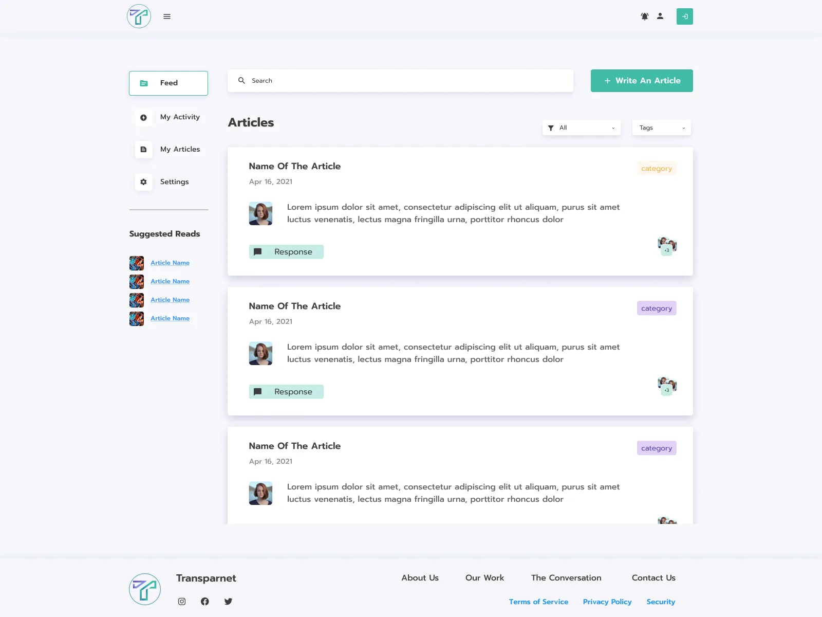 Transparnet dashboard: a sidebar with Feed, My Activity, My Articles and Settings, suggested reads, a Write An Article button, filters and an article feed with coloured category tags