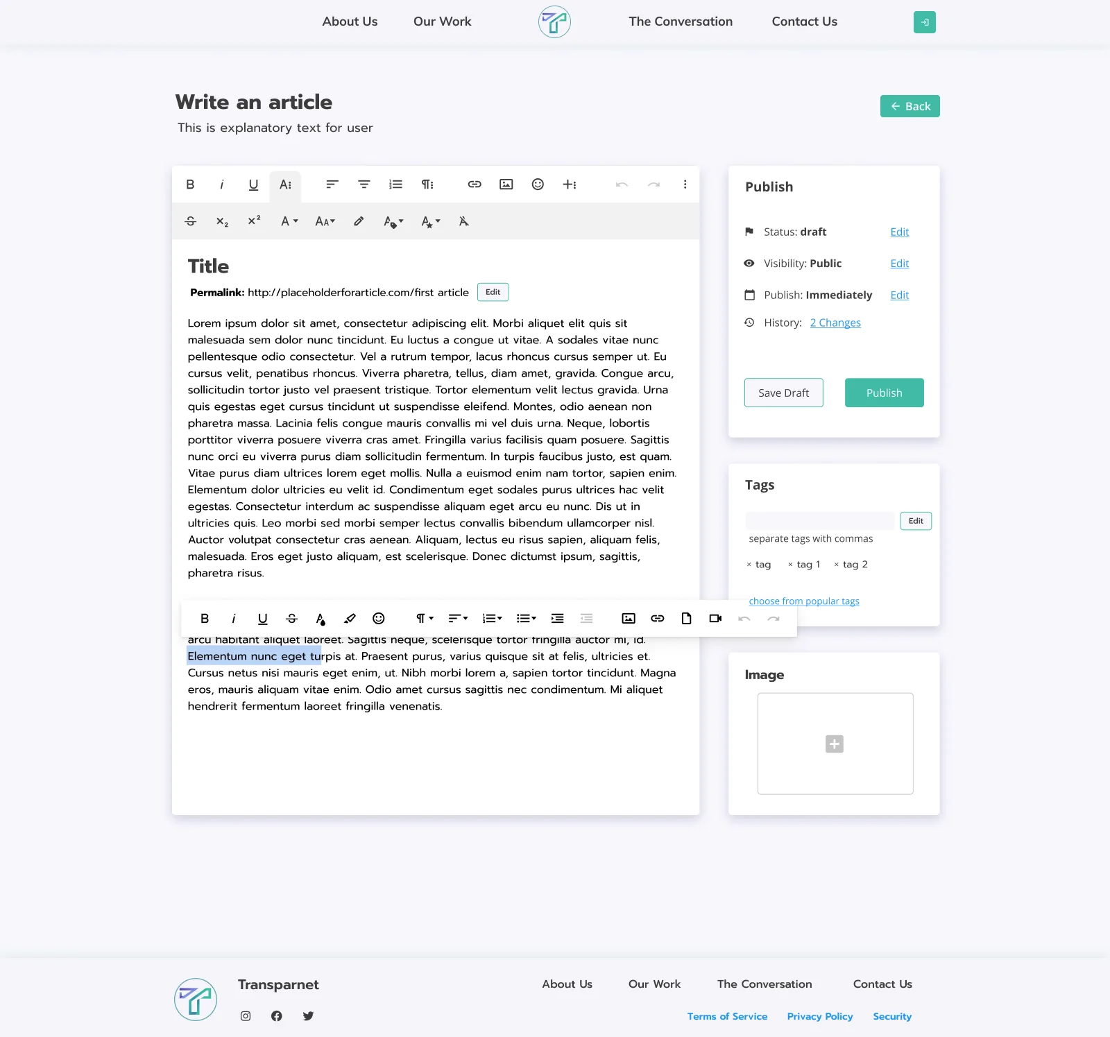 Transparnet article editor: a rich text toolbar, title and permalink, an inline formatting toolbar, and side panels to publish (status, visibility, schedule, history), add tags and an image