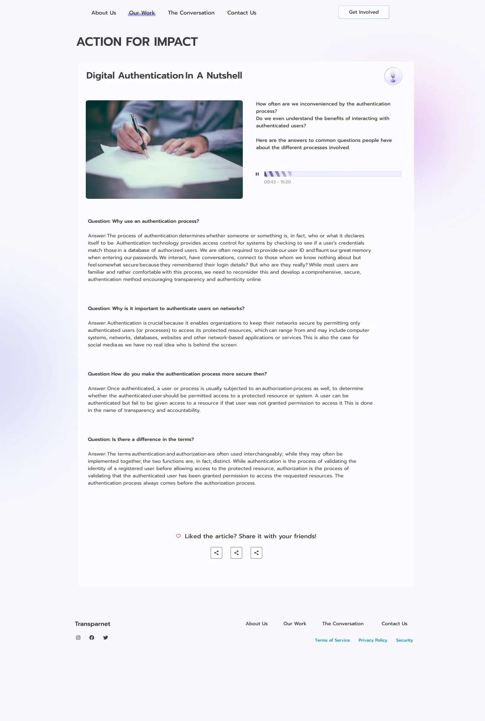 Transparnet published article: Action for Impact, in a Q&A format with an audio player and share actions