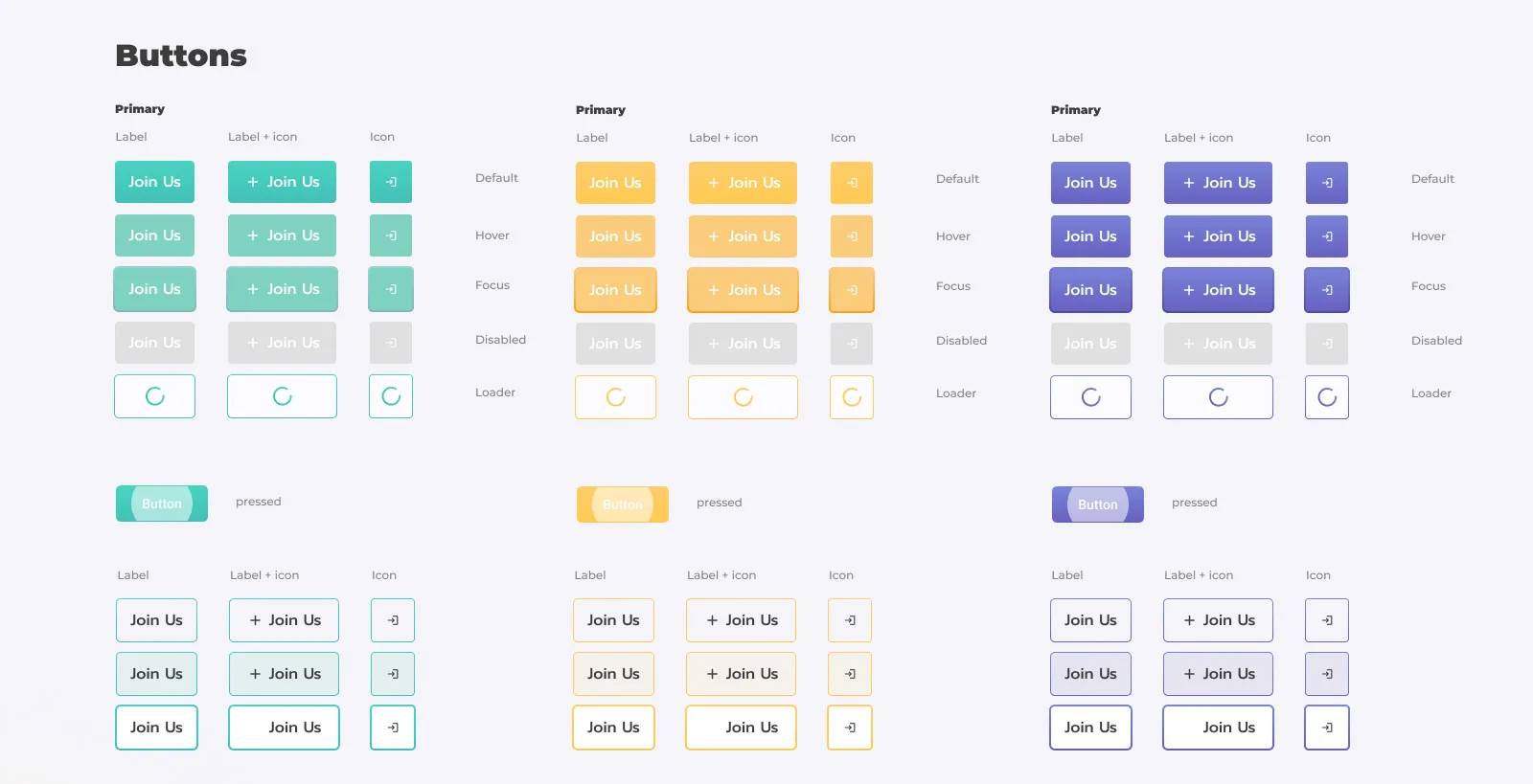 Transparnet design system: button components in teal, amber and lavender